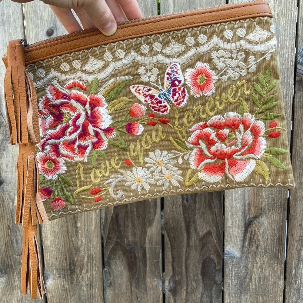 Johnny Was “love you forever” embroidered clutch
